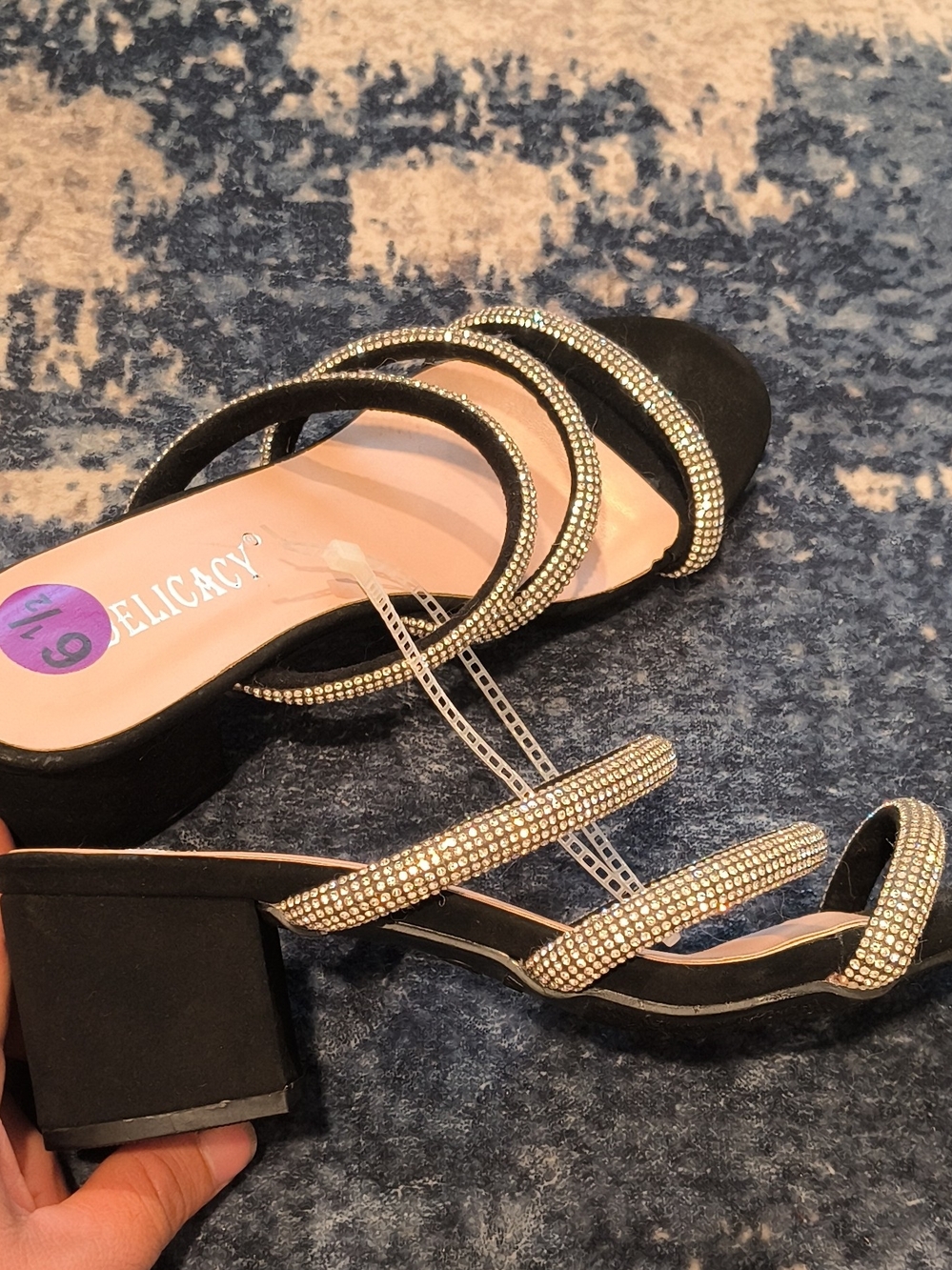 Delicacy Black Strappy Rhinestone Block Heels